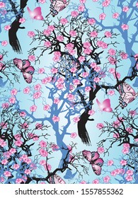Seamless pattern of flowering spring trees.Vector illustration. Suitable for fabric, wrapping paper and the like