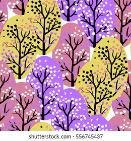 Seamless pattern with flowering trees. Flower Garden, vector. Ideal for fabric, wallpaper, wrapping paper, children's products, packaging design, pattern on the surface, gadgets and more
