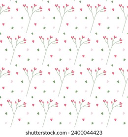 Seamless pattern of flowering twigs with colorful decorative elements in the shape of heart. Isolate