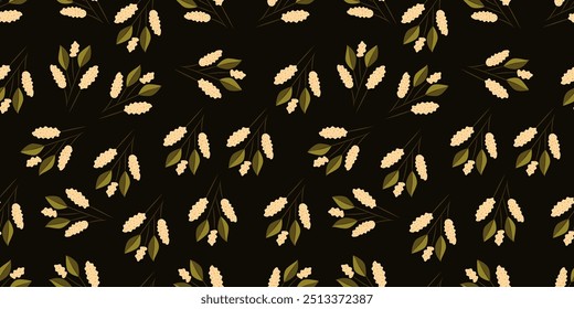 Seamless pattern of flowering twigs. Dark background. The image has a vintage feel