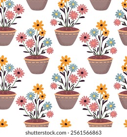 Seamless pattern flowerpot, summer, spring, flowers, Vector, For fabric design, packaging