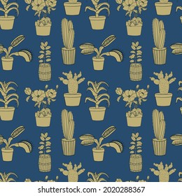 Seamless pattern of flowerpots, cacti in pots. Vector stock illustration eps10. 