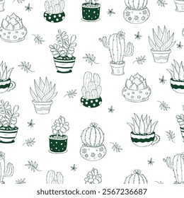 Seamless pattern with flowerpots cactus on white  background.  Botanical endless background with exotic potted flowers cacti in doodle style. Vector illustration