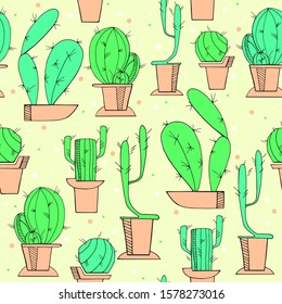 Seamless pattern of flowerpots. Decor with vector cacti.