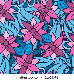 Seamless pattern of flowers, abstract, blue pink tender