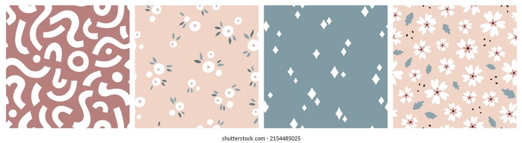 Seamless pattern with flowers and abstract elements. Vector backgrounds with hand drawn berries, flowers, abstract shapes. Creative texture for fabric, textile