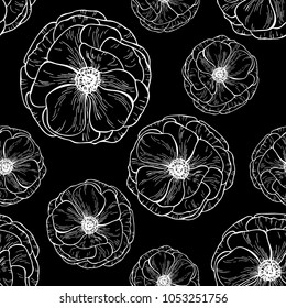 Seamless pattern of flowers of anemone on black background. Floral pattern. Vector illustration. Perfect for invitation, greeting card, fashion print, banner, poster for textiles, fashion design.
