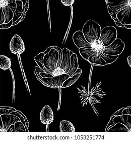 Seamless pattern of flowers of anemone on black background. Floral pattern. Vector illustration. Perfect for invitation, greeting card, fashion print, banner, poster for textiles, fashion design.