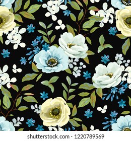 Seamless pattern with flowers Anemones, blue Agapanthus, green leaves and branches. Floral design on dark background. Vector illustration in vintage style.