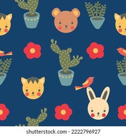 Seamless Pattern With Flowers And Animals. Bunny, Bear, Cat, Bird, Cactus, Flower. Vector Illustration.