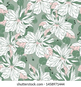 Seamless pattern with flowers of apple tree. Abstract color. Wallpaper, fabric or design of gift paper. Vector illustration
