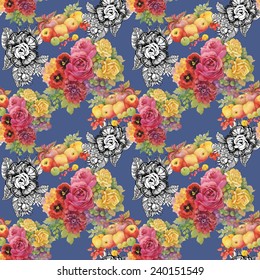 Seamless pattern with flowers and apples on blue background vector illustration
