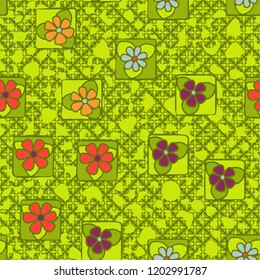 Seamless pattern with flowers arranged against the background of messy spots and four-sided aesthetic elements.