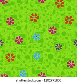 Seamless pattern with flowers arranged against the background of messy spots and four-sided aesthetic elements.
