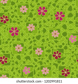 Seamless pattern with flowers arranged against the background of messy spots and four-sided aesthetic elements.