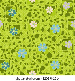 Seamless pattern with flowers arranged against the background of messy spots and four-sided aesthetic elements.