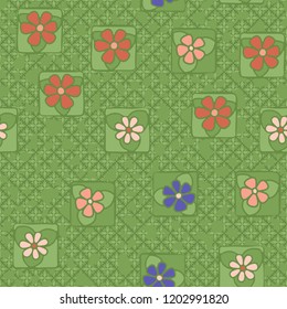 Seamless pattern with flowers arranged against the background of messy spots and four-sided aesthetic elements.