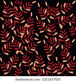 seamless pattern with flowers, art and illustration, pattern red leaf branches. design and placement of lines, colors, shapes, pattern elements for background or fabric pattern.
