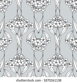 Nahtlose Blumenmuster im Jugendstil. Grafische Blumen auf grauem Hintergrund. Zur Dekoration und Gestaltung von Stoffen, Textilien, Papier, Verpackungen. Vergiss-me-nots.