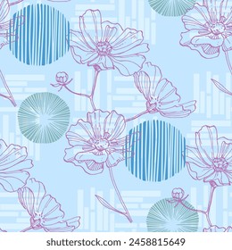 Seamless pattern of flowers with background. Beautiful Cosmea flowers background. Vector illustration of textured abstract art textile flower design.