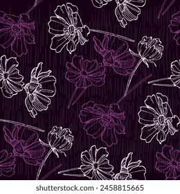 Seamless pattern of flowers with background. Beautiful Cosmea flowers background. Vector illustration of textured abstract art textile flower design.