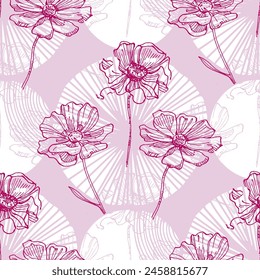 Patrón de flores sin costura con fondo. Hermoso fondo de flores de Cosmea. Ilustración vectorial de arte abstracto texturizado textil diseño floral.
