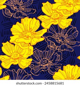 Seamless pattern of flowers with background. Beautiful Cosmea flowers background. Vector illustration of textured abstract art textile flower design.