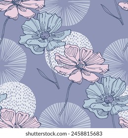 Patrón de flores sin costura con fondo. Hermoso fondo de flores de Cosmea. Ilustración vectorial de arte abstracto texturizado textil diseño floral.