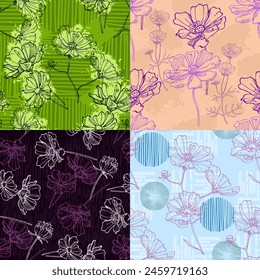 Seamless pattern of flowers with background. Beautiful Cosmea flowers background. Vector illustration of textured abstract art textile flower design.