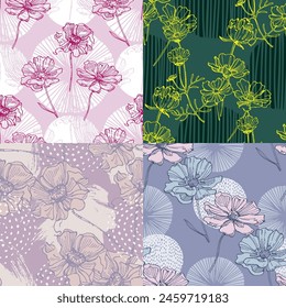 Seamless pattern of flowers with background. Beautiful Cosmea flowers background. Vector illustration of textured abstract art textile flower design.