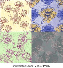 Seamless pattern of flowers with background. Beautiful Cosmea flowers background. Vector illustration of textured abstract art textile flower design.