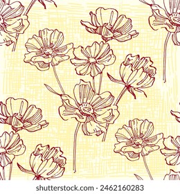 Seamless pattern of flowers with background. Beautiful Cosmea flowers background. Vector illustration of textured abstract art textile flower design.