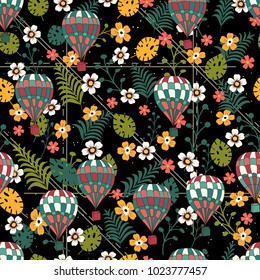 Seamless pattern of flowers, Balloons and leaves. texture for design