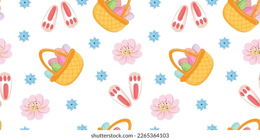 Seamless pattern with flowers, basket filled by painted eggs and paw prints on white background. Easter background. 