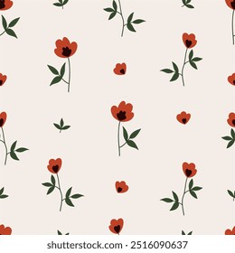 Patrón sin fisuras con flores. Hermosa flor de amapola roja. Flores silvestres. Collage de impresión contemporánea. Ilustración vectorial mínima dibujada a mano