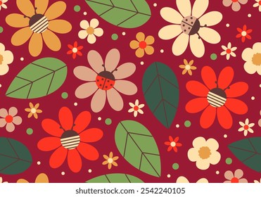 Padrão perfeito com flores e abelha, joaninha. Fundo bonito