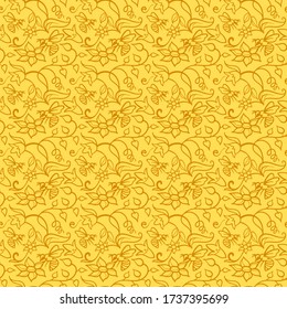 Seamless pattern with flowers and bees. Beautiful linear yellow abstract background.