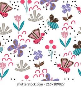 Seamless pattern with flowers, bees, butterflies, tulips, grass, dots, lines on a white background. Sweet cute pattern.