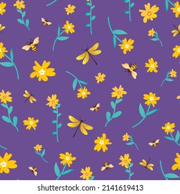 Seamless pattern with flowers, bees and dragonflies.