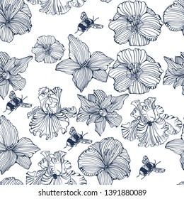 seamless pattern, flowers and bees, hand drawing vector