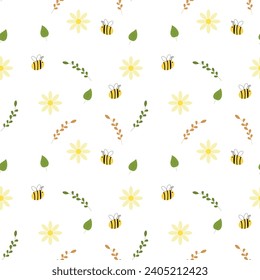 Seamless pattern with flowers, bees, leaves, branches on white background. Vector illustration, cartoon style. 