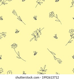 Seamless pattern with flowers and bees. Linear hand drawn vector illustration is perfect for honey design, beekeeper branding, floral wallpaper, background, wrapping paper, fabric textile