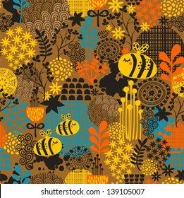 Seamless pattern with flowers and bees. Vector artistic background.