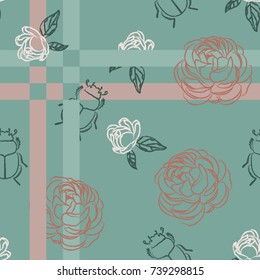 Seamless pattern with flowers, beetles and lines