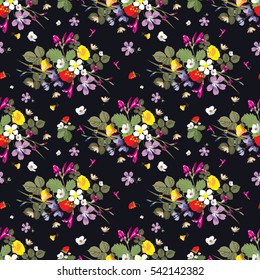 Seamless pattern of flowers and berries.