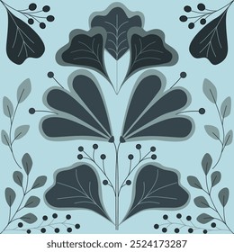 Patrón sin fisuras con flores y bayas en colores azules. Ilustración de una composición floral. Puede ser utilizado para las tejas textiles de la tela que envuelven el papel