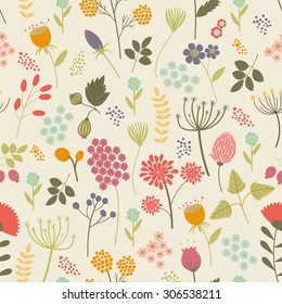 Seamless pattern with flowers and berries in bright colors. Vector illustration