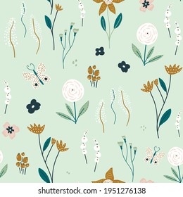 Seamless pattern with flowers, berries and butterfly. Creative hight detailed floral texture. Great for fabric, textile Vector Illustration