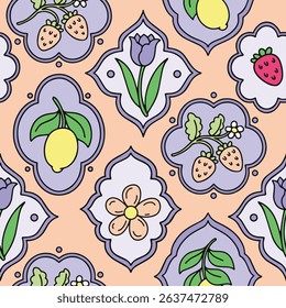 Seamless pattern with flowers and berries in different frame shapes. Vector graphics, cartoon	