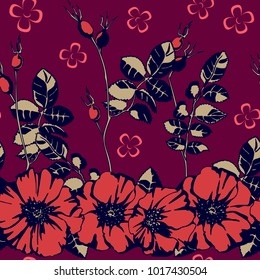Seamless pattern with flowers, berries and leaves of wild rose.